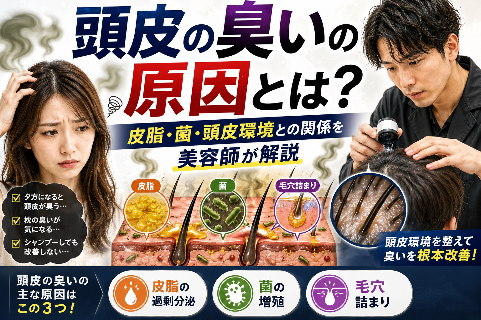 頭皮の臭いの原因を美容師が解説しているイメージ画像