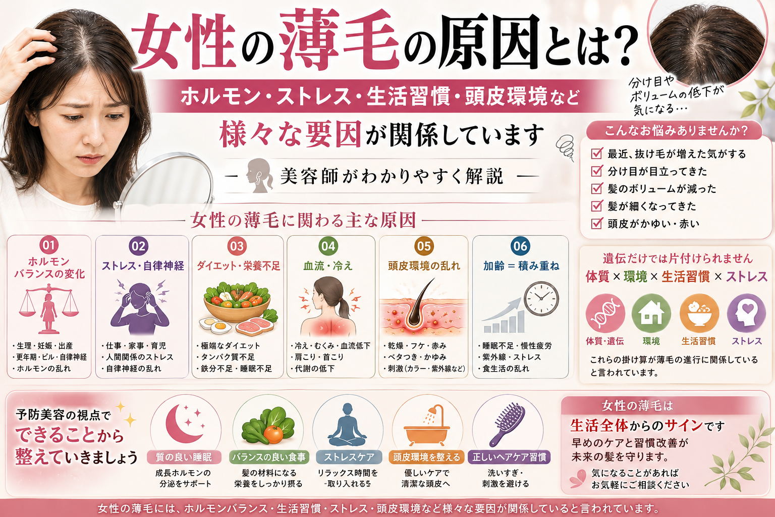 女性の薄毛の原因を解説する美容師