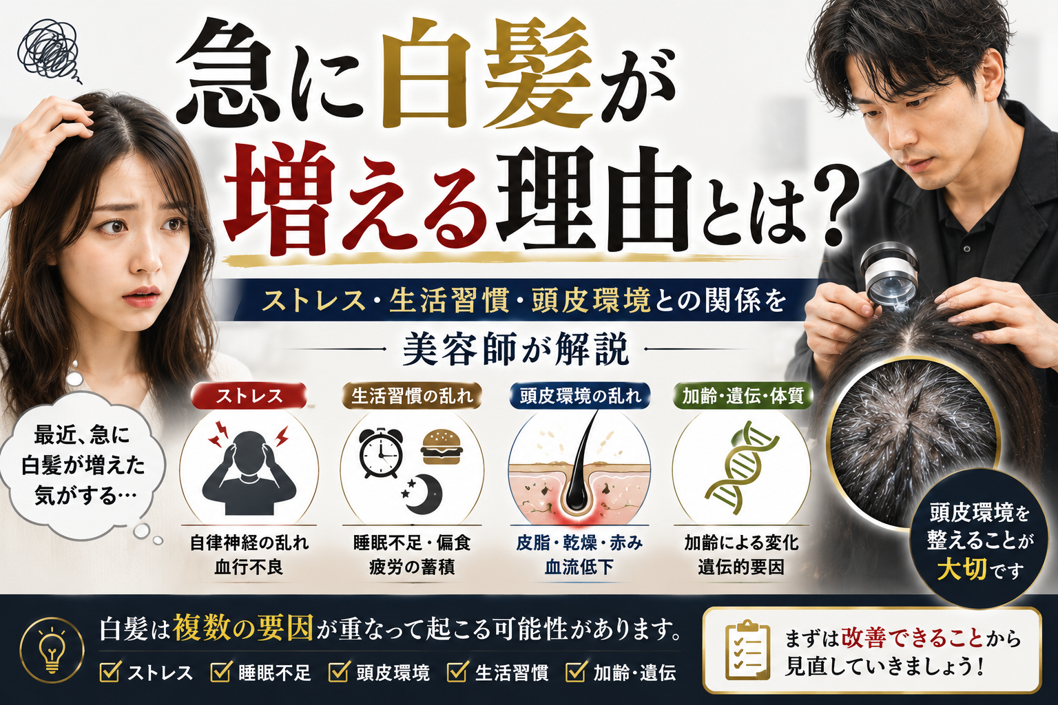 急に白髪が増える原因を解説する美容師
