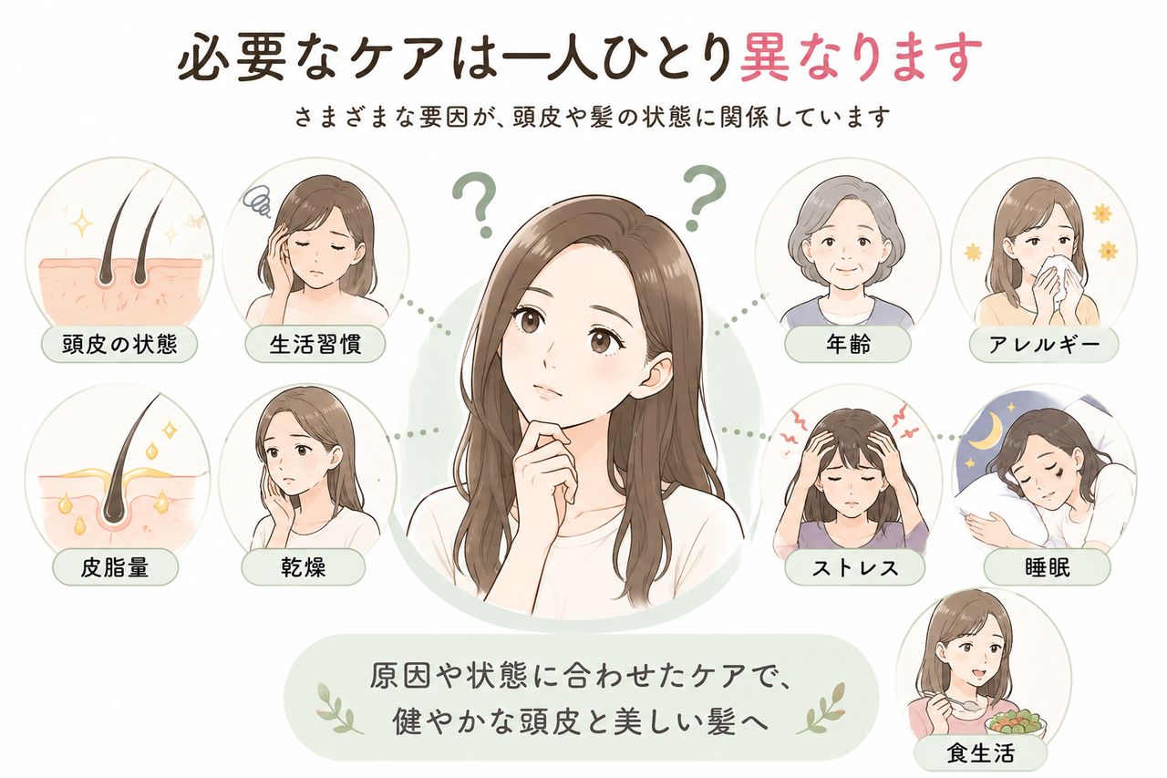 頭皮の状態、生活習慣、年齢、アレルギー、皮脂量、乾燥、ストレス、睡眠、食生活によって必要な頭皮ケアが異なることを示すイラスト